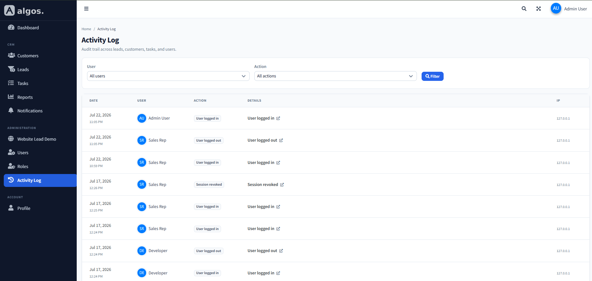 Algos Activity logs workspace preview