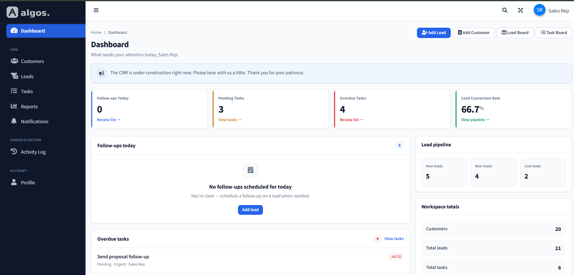 Algos Dashboard screenshot