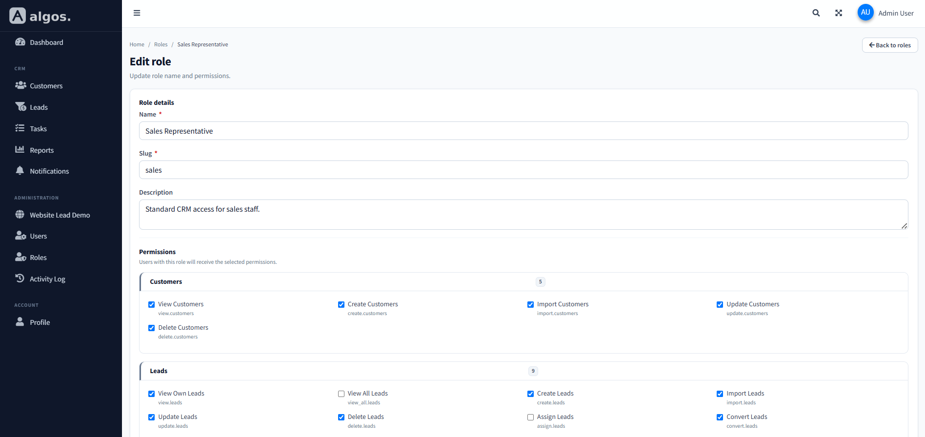 Algos Role and permission management workspace preview