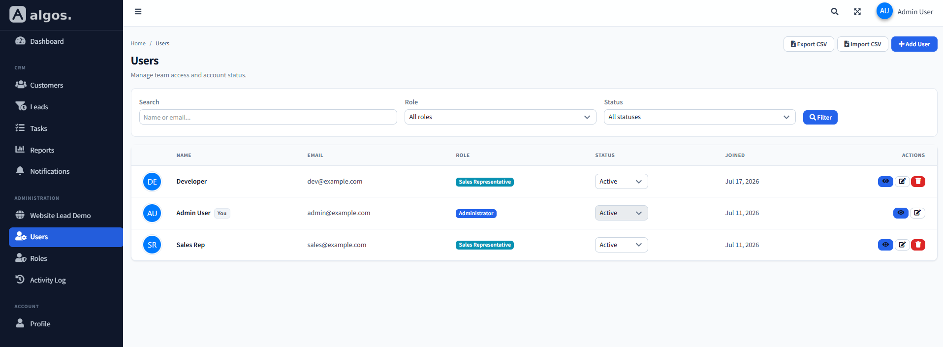 Algos User management workspace preview